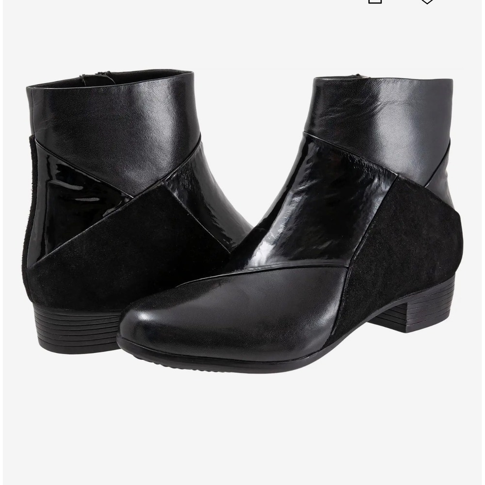 Trotters Maci Ankle Boots Women 9.5 Black Leather Patent Suede Round Toe Cushion